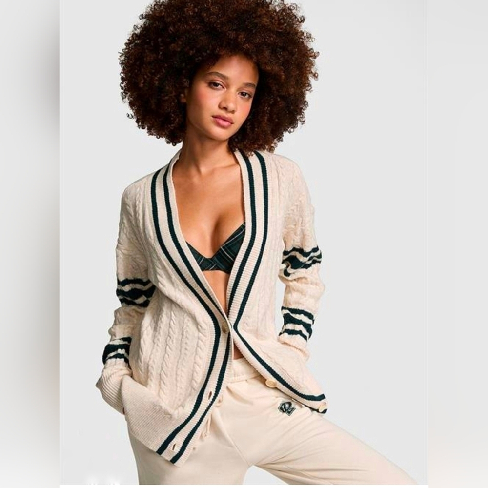 Victoria's Secret PINK Collegiate Cable Knit Oversized Cardigan- Natural Heather